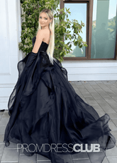 Hilary | Asymmetrical Ruffles Floor Length Black Long Prom Dress - Price #price_variant_lowest# - Black - PromDressClub